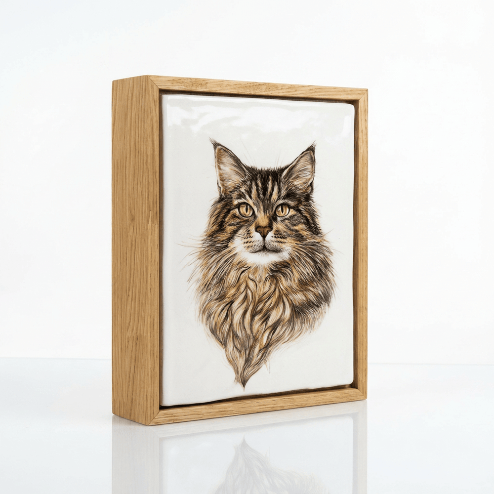 Moment In Time custom pet urn with hand-decorated ceramic photo tile in a wall-mounted frame